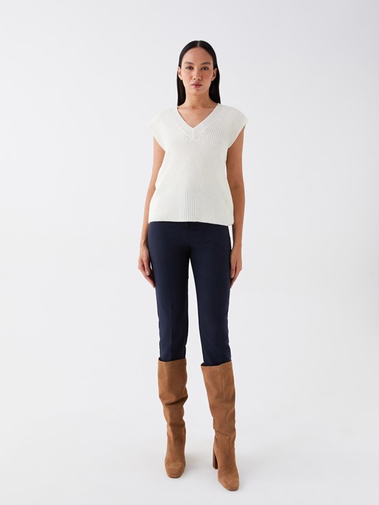 Kadın V Yaka Düz Triko Süveter EKRU