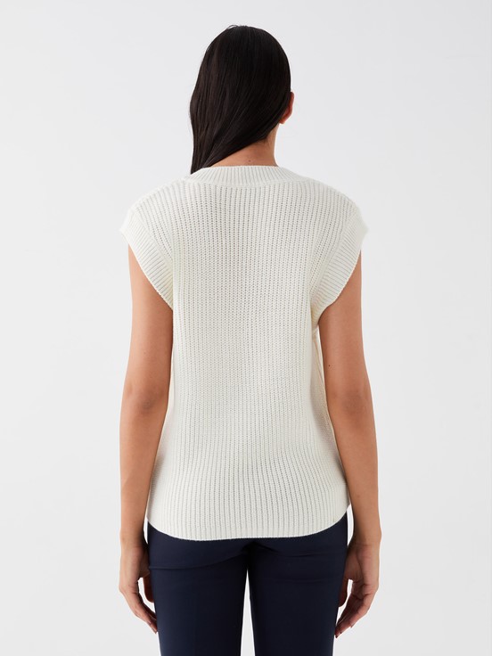 Kadın V Yaka Düz Triko Süveter EKRU