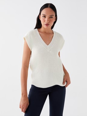 Kadın V Yaka Düz Triko Süveter EKRU