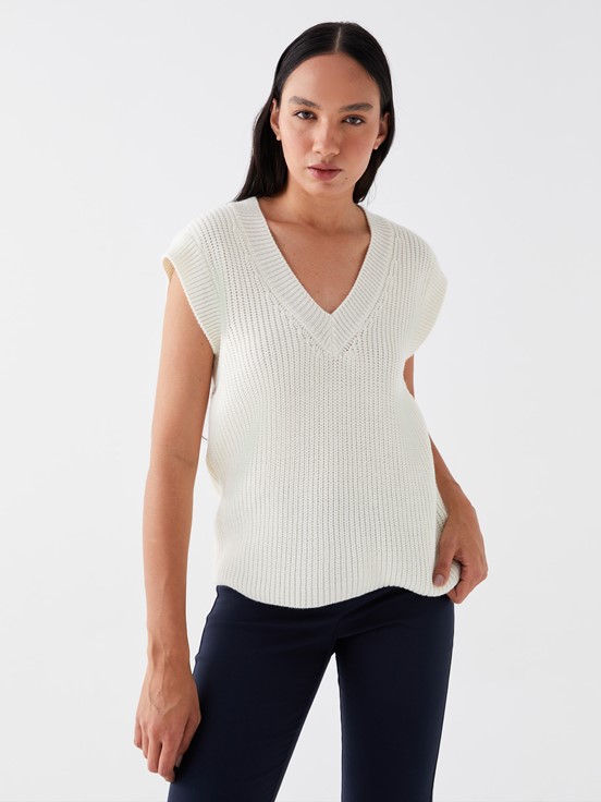 Kadın V Yaka Düz Triko Süveter EKRU