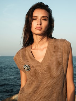 Kadın V Yaka Düz Triko Süveter EKRU