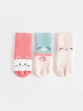 Baskılı Kız Bebek Soket Çorap 3'lü MAT PEMBE