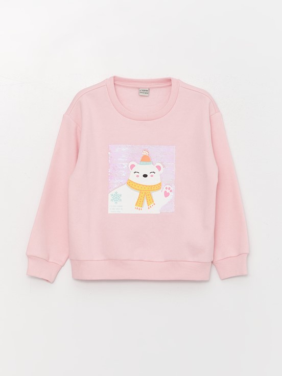Bisiklet Yaka Baskılı Çift Yönlü Payetli Uzun Kollu Kız Çocuk Sweatshirt PEMBE