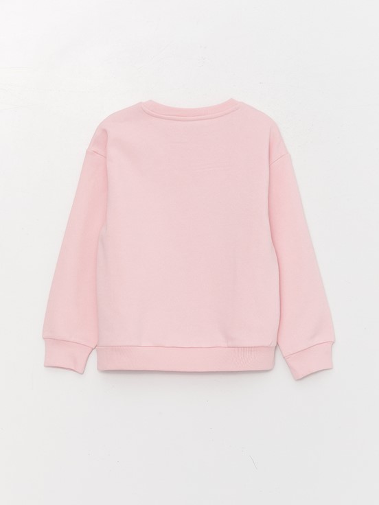 Bisiklet Yaka Baskılı Çift Yönlü Payetli Uzun Kollu Kız Çocuk Sweatshirt PEMBE