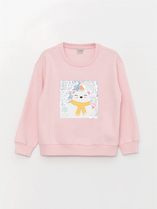 Bisiklet Yaka Baskılı Çift Yönlü Payetli Uzun Kollu Kız Çocuk Sweatshirt PEMBE