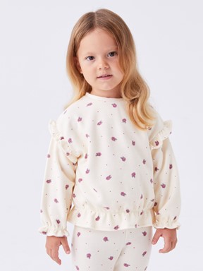 Bisiklet Yaka Uzun Kollu Kız Bebek Sweatshirt KREM BASKILI