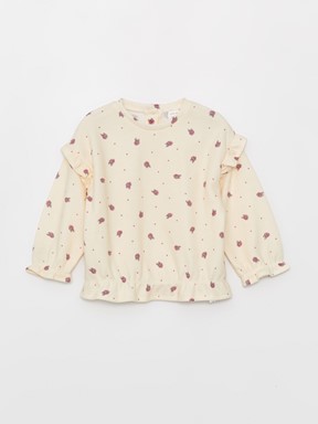 Bisiklet Yaka Uzun Kollu Kız Bebek Sweatshirt KREM BASKILI