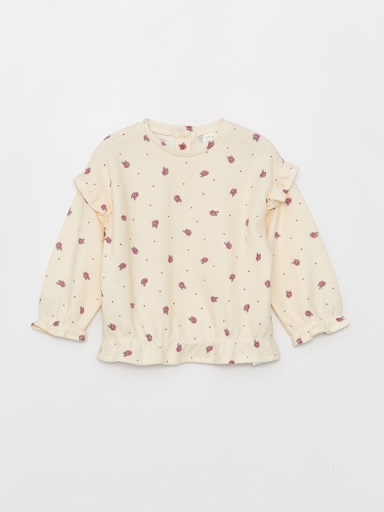 Bisiklet Yaka Uzun Kollu Kız Bebek Sweatshirt KREM BASKILI