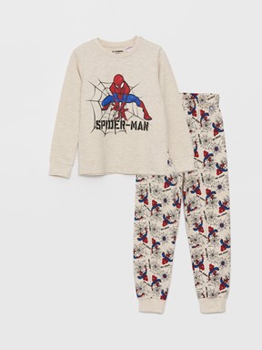 Bisiklet Yaka Spiderman Baskılı Uzun Kollu Erkek Çocuk Pijama Takımı BEJ MELANJ