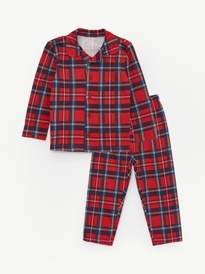 Polo Yaka Uzun Kollu Ekose Desenli Erkek Bebek Pijama Takımı CANLI KIRMIZI BASKILI