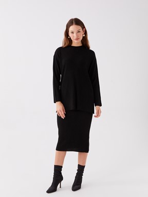 Bisiklet Yaka Kendinden Desenli Uzun Kollu Kadın Triko Tunik YENİ SİYAH