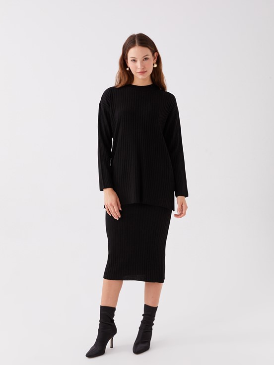 Bisiklet Yaka Kendinden Desenli Uzun Kollu Kadın Triko Tunik YENİ SİYAH