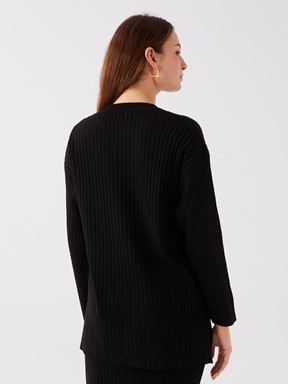 Bisiklet Yaka Kendinden Desenli Uzun Kollu Kadın Triko Tunik YENİ SİYAH