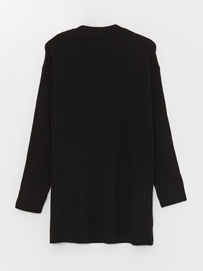 Bisiklet Yaka Kendinden Desenli Uzun Kollu Kadın Triko Tunik YENİ SİYAH