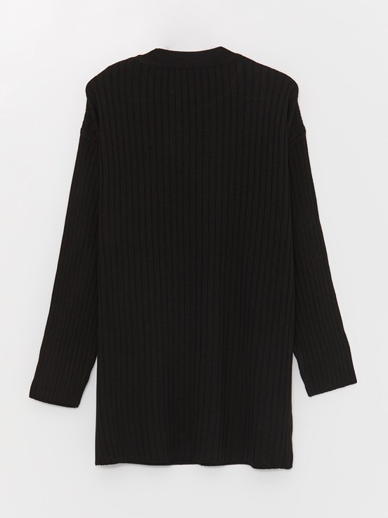 Bisiklet Yaka Kendinden Desenli Uzun Kollu Kadın Triko Tunik YENİ SİYAH