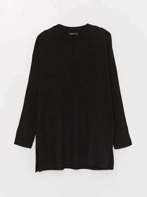 Bisiklet Yaka Kendinden Desenli Uzun Kollu Kadın Triko Tunik YENİ SİYAH