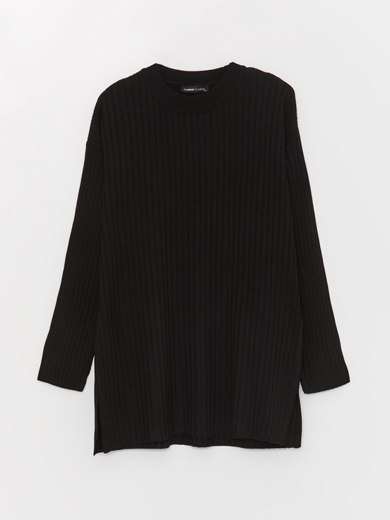 Bisiklet Yaka Kendinden Desenli Uzun Kollu Kadın Triko Tunik YENİ SİYAH