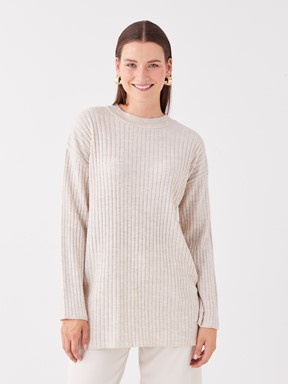 Bisiklet Yaka Kendinden Desenli Uzun Kollu Kadın Triko Tunik YENİ SİYAH