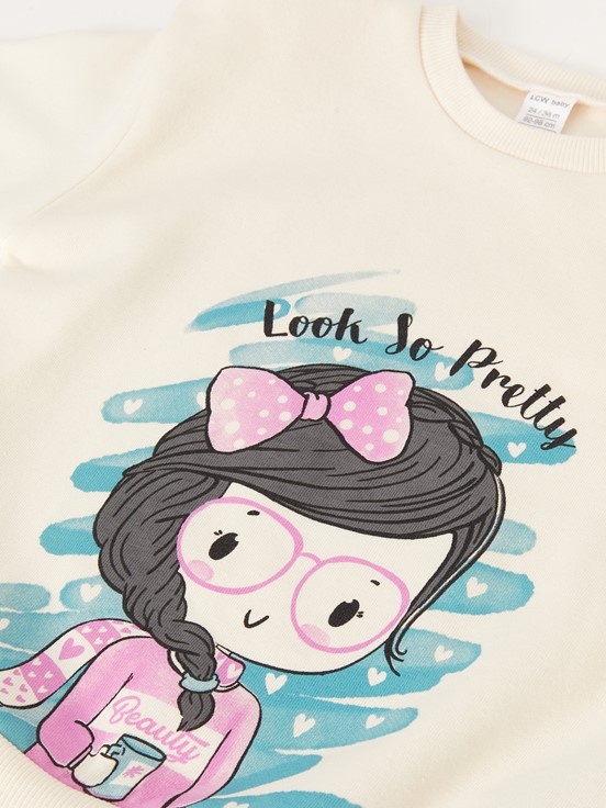 Bisiklet Yaka Uzun Kollu Baskılı Kız Bebek Sweatshirt KREM RENGİ