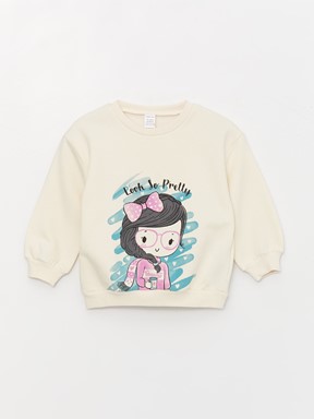 Bisiklet Yaka Uzun Kollu Baskılı Kız Bebek Sweatshirt KREM RENGİ