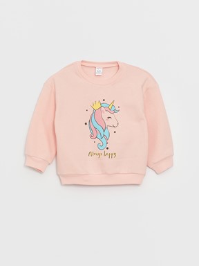 Bisiklet Yaka Uzun Kollu Baskılı Kız Bebek Sweatshirt KREM RENGİ