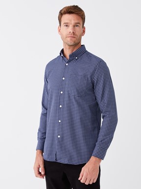 Regular Fit Uzun Kollu Ekose Gabardin Erkek Gömlek KOYU LACİVERT EKOSELİ