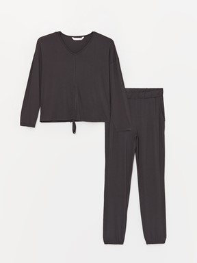 V Yaka Düz Uzun Kollu Kadın Pijama Takımı ANTRASİT