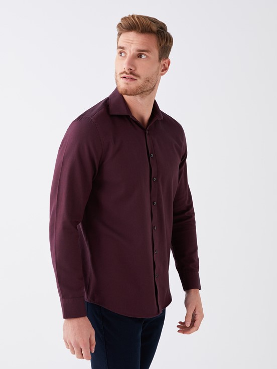 Slim Fit Uzun Kollu Armürlü Erkek Gömlek BORDO