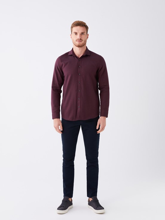 Slim Fit Uzun Kollu Armürlü Erkek Gömlek BORDO