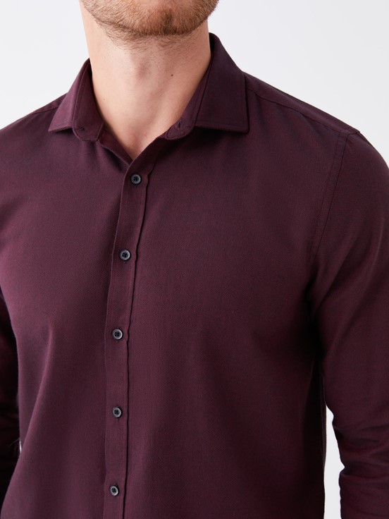 Slim Fit Uzun Kollu Armürlü Erkek Gömlek BORDO