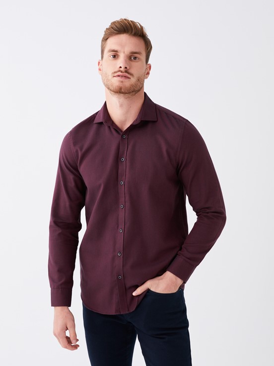 Slim Fit Uzun Kollu Armürlü Erkek Gömlek BORDO