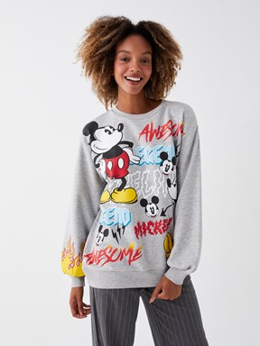 LCW CASUAL Bisiklet Yaka Mickey Mouse Baskılı Uzun Kollu Oversize Kadın Sweatshirt GRİ