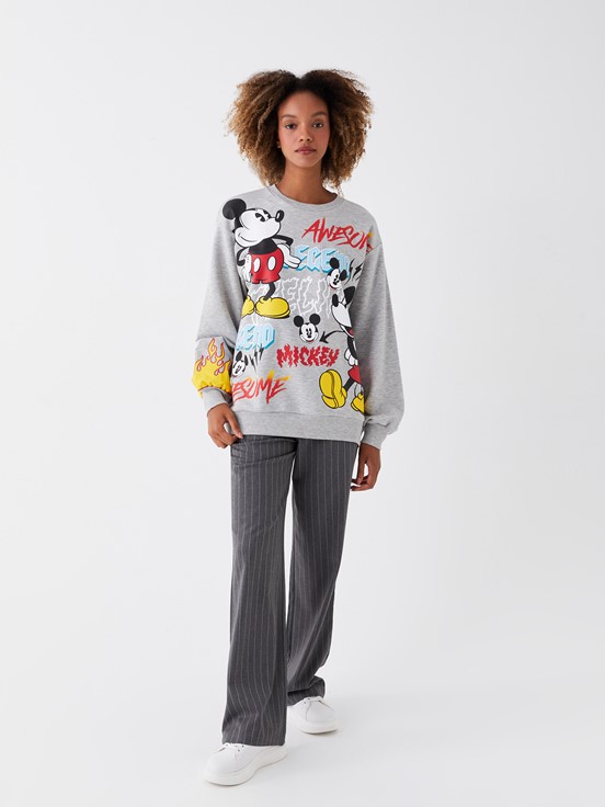 LCW CASUAL Bisiklet Yaka Mickey Mouse Baskılı Uzun Kollu Oversize Kadın Sweatshirt GRİ