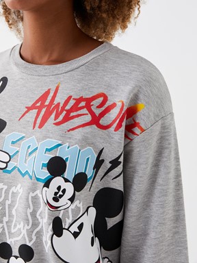 LCW CASUAL Bisiklet Yaka Mickey Mouse Baskılı Uzun Kollu Oversize Kadın Sweatshirt GRİ