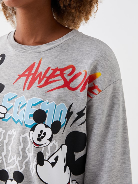 LCW CASUAL Bisiklet Yaka Mickey Mouse Baskılı Uzun Kollu Oversize Kadın Sweatshirt GRİ
