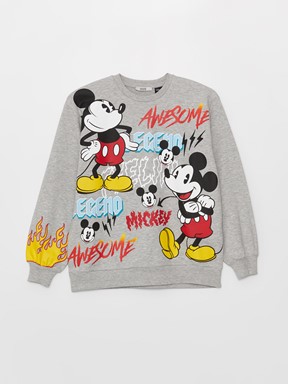 LCW CASUAL Bisiklet Yaka Mickey Mouse Baskılı Uzun Kollu Oversize Kadın Sweatshirt GRİ
