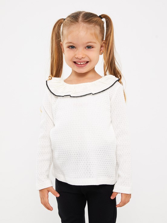 Bisiklet Yaka Uzun Kollu Kız Bebek Tişört EKRU
