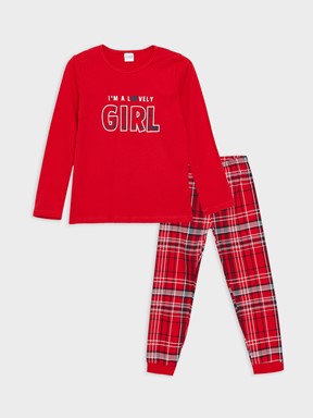 Bisiklet Yaka Baskılı Uzun Kollu Kız Çocuk Pijama Takımı CANLI KIRMIZI