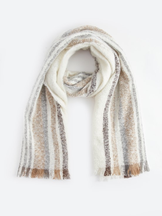 Çizgili Püsküllü Kadın Atkı EKRU ÇİZGİLİ