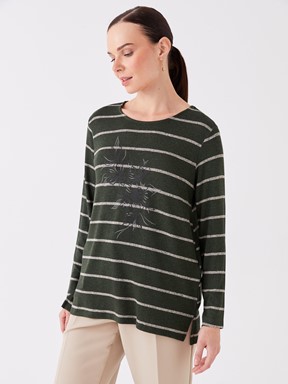 LCW CLASSIC Bisiklet Yaka Çizgili Uzun Kollu Kadın Bluz LACİVERT ÇİZGİLİ