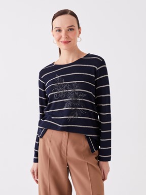 LCW CLASSIC Bisiklet Yaka Çizgili Uzun Kollu Kadın Bluz LACİVERT ÇİZGİLİ