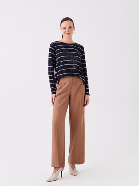 LCW CLASSIC Bisiklet Yaka Çizgili Uzun Kollu Kadın Bluz LACİVERT ÇİZGİLİ