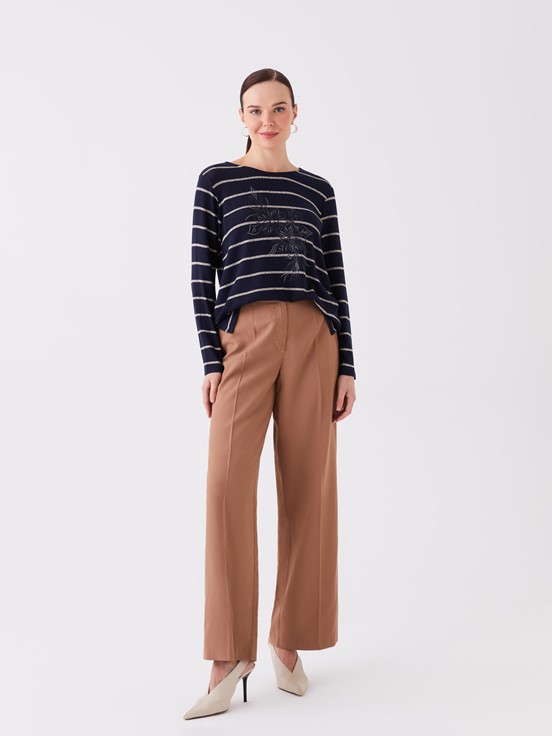 LCW CLASSIC Bisiklet Yaka Çizgili Uzun Kollu Kadın Bluz LACİVERT ÇİZGİLİ