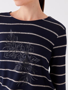 LCW CLASSIC Bisiklet Yaka Çizgili Uzun Kollu Kadın Bluz LACİVERT ÇİZGİLİ