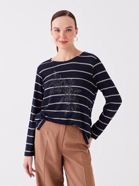 LCW CLASSIC Bisiklet Yaka Çizgili Uzun Kollu Kadın Bluz LACİVERT ÇİZGİLİ