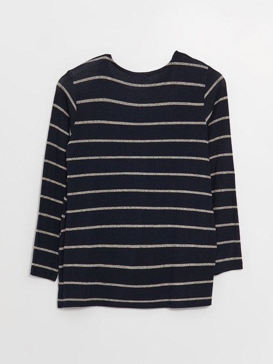 LCW CLASSIC Bisiklet Yaka Çizgili Uzun Kollu Kadın Bluz LACİVERT ÇİZGİLİ