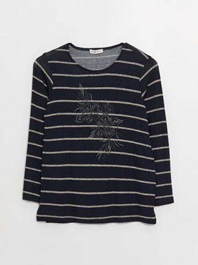LCW CLASSIC Bisiklet Yaka Çizgili Uzun Kollu Kadın Bluz LACİVERT ÇİZGİLİ