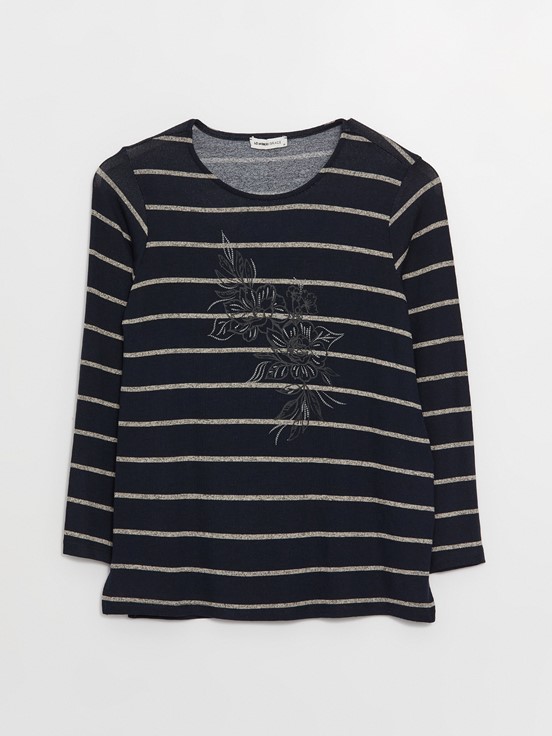 LCW CLASSIC Bisiklet Yaka Çizgili Uzun Kollu Kadın Bluz LACİVERT ÇİZGİLİ