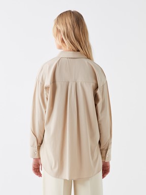 Düz Uzun Kollu Oversize Poplin Kadın Gömlek BEJ