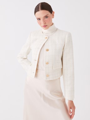 Bisiklet Yaka Ekose Uzun Kollu Kadın Ceket EKRU